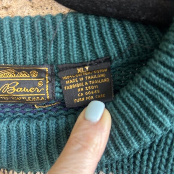 Eddie Bauer Vintage 90s Preppy Green Striped Cotton Sweater Size XLT - Picture 3 of 7